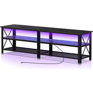Clikuutory Modern Black 71 inch Metal TV Stand with LED Lights and Power Outlets for 50 60 65 70 75 80 Inch TVs, 3 Tier Television Stands with Entertainment Center and Storage for Living Room, Bedroom