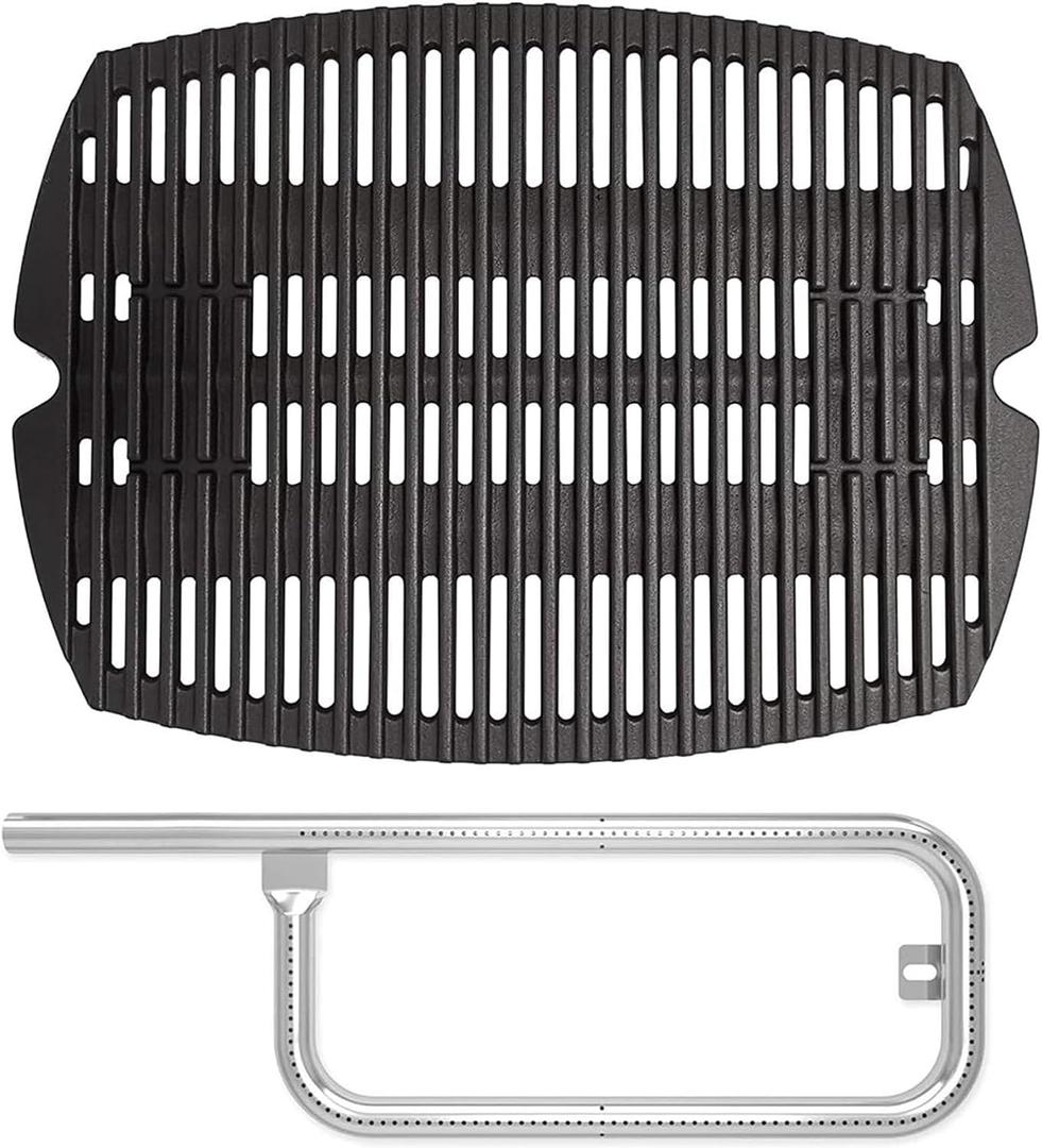 SafBbcue 7644/7582 Cast Iron Cooking Grates & 60040 Grill Burner Tube kits for Weber Q1200 Q100 Q120 Q1000 50060001 386001 86002 516001 Grills, Grids & Grates for Baby Q Gas Grills, 17"