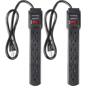 Amazon Basics 6-Outlet Surge Protector Power Strip with 200J Protection, Circuit Breaker, 2ft Extension Cord, Black, 2-Pack