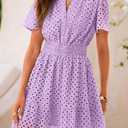 PRETTYGARDEN Womens 2026 Summer Short Dress V Neck Short Sleeve A Line Hollow Out Lace Cute Casual Beach Party Spring Dresses (Purple, S)