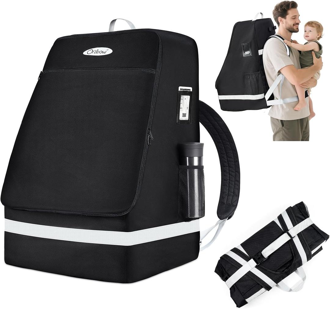 Orzbow Padded Car Seat Travel Bag Backpack for Airplane, Gate Check Carseat Travel Bag with Shoulder & Waist Strap, Foldable & Waterproof, with Luggage Tag, Fits Most Infant Car Seats & Carriers,Black