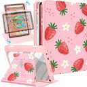 Kidcube for Kindle Fire HD 10/10 Plus Tablet Case - 13th/11th Generation (2023/2021) 10.1" Women Girl Cute Girly Strawberry Kawaii Rotating Stand Pencil Holder Folio Case for Amazon Fire HD 10/10 Plus