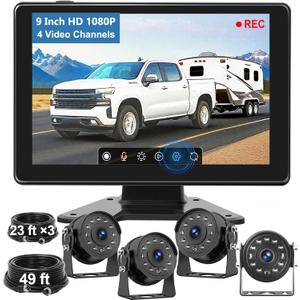 4 Wired Backup Camera System Dash Cam with 9" HD Touch DVR Recording IPS Quad Split Monitor, 64GB 1080P Vibration-Proof IP69K Waterproof IR Night Vision 4 Front Side Rear Camera for Truck/RV/Trailer