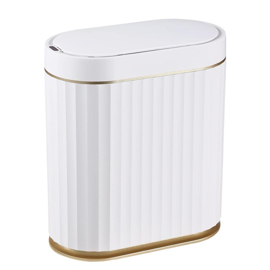 ELPHECO Bathroom Trash Can with Lid 2 Gallon Sensor Garbage Can, Automatic Trash Bin, Motion Sensor Trash Can, IPX5 Waterproof Plastic Wastebasket for Bathroom, Bedroom, Kitchen, Office, White Gold