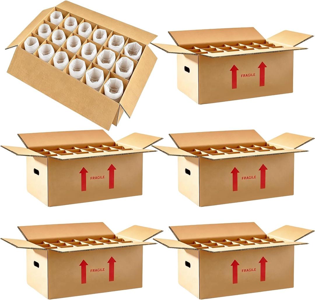6 Sets Glass Packing Kit with Dividers, 24" x 12" x 11" Glassware Moving Boxes, Kitchen Moving Box with Handle & Bottom Plate, Large Corrugated Boxes with Foam Pouches for Moving Glasses, Wine