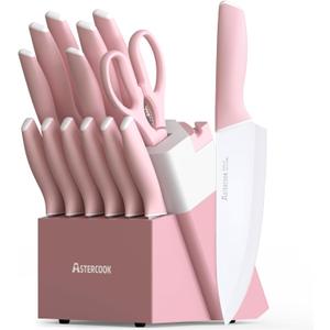 Astercook Knife Set, Kitchen Knives Set with Block and Sharpener Ceramic Coating 15 Pcs German Stainless Steel Knives Sharp Blade Dishwasher Safe Knife Block Set with Ergonomic Handle, Crystal Pink