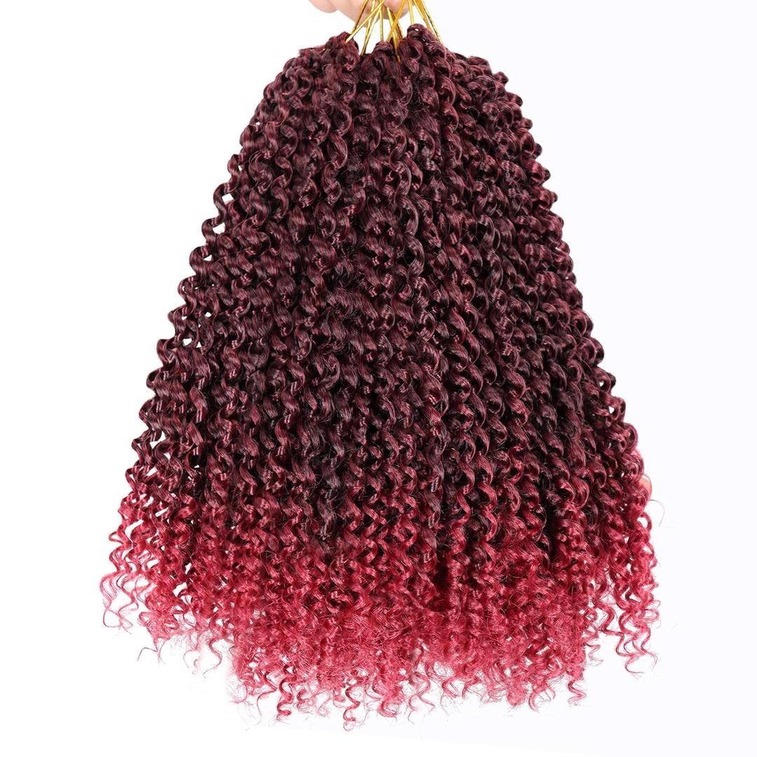 Dorsanee Ombre Burgundy Passion Twist Hair 14 Inch 7 Packs Water Wave Crochet Hair Long Bohemian Curly Braiding Hair for Butterfly Locs, Faux Locs, Boho Style Spring Twist Crochet Braids (TBug#)