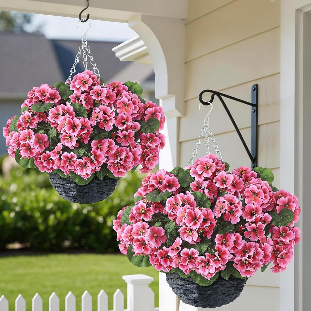 GLIDLION 2 Set Artificial Geraniums Flowers with Hanging Baskets for Outdoors - Sun Resistant Silk with Geranium Flowers, Fake Hanging Planters for Front Porch Garden Patio Home Decor (Peach Pink)