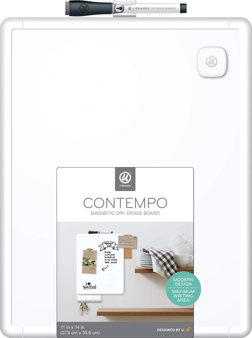 U Brands Contempo Magnetic Dry Erase Board White Board, 11" x 14" Inches, White Frame