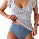Aidonger Tankini Swimsuit for Women Tummy Control Two Piece Bathing Suit Ruched Ruffle Swimwear Top with Bottom (XX-Large, Blue Stripe)