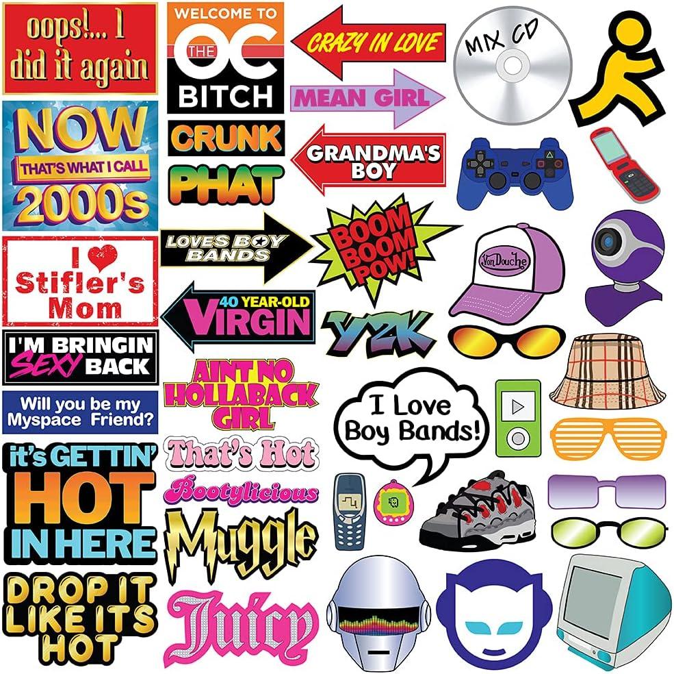 Throwback 2000's and 1990s Photo Booth Prop Set - Funny 2000's and 90s Theme Party Decoration, Favors & Supplies Multi Colored