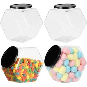 4 Pcs Hexagon Plastic Candy Jars, 129 oz Clear Cookie Jars with Airtight Lids, Wide Round Mouth Snacks Containers, Reusable Coffee Candy Display Containers