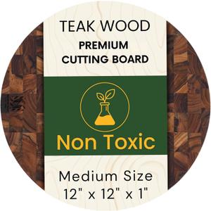 Teak Wood Round End Grain Cutting Board 11.8 Inch, Non Toxic Solid Wood Cutting Board for Kitchen Prep, Pizza & Serving Board with Handle by New M Way