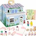 DIY Wooden Dollhouse with 3 Sticker Sheets  Create 2 Styles (White & Pink), Foldable Design with Portable Handle & Metal Lock, 4 Rooms, 16 pcs Furniture, 2 Dolls, Gift for Kids Ages 3+