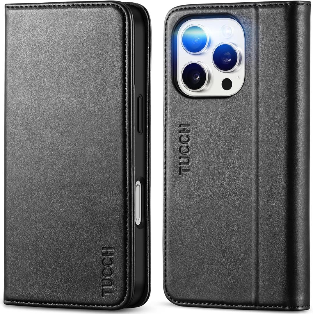 TUCCH Case Wallet for iPhone 16 Pro, 3 Card Slots PU Leather Protective Cover, RFID Blocking Kickstand Folio with Shockproof TPU Inner Shell 6.3" 5G 2024, Classic Black