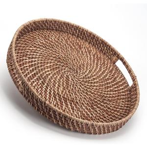 Round Rattan Woven Serving Tray with Handles Ottoman Tray for Breakfast, Drinks, Snack for Coffee Table, Home Decorative (16.9 inch, Honey Brown)