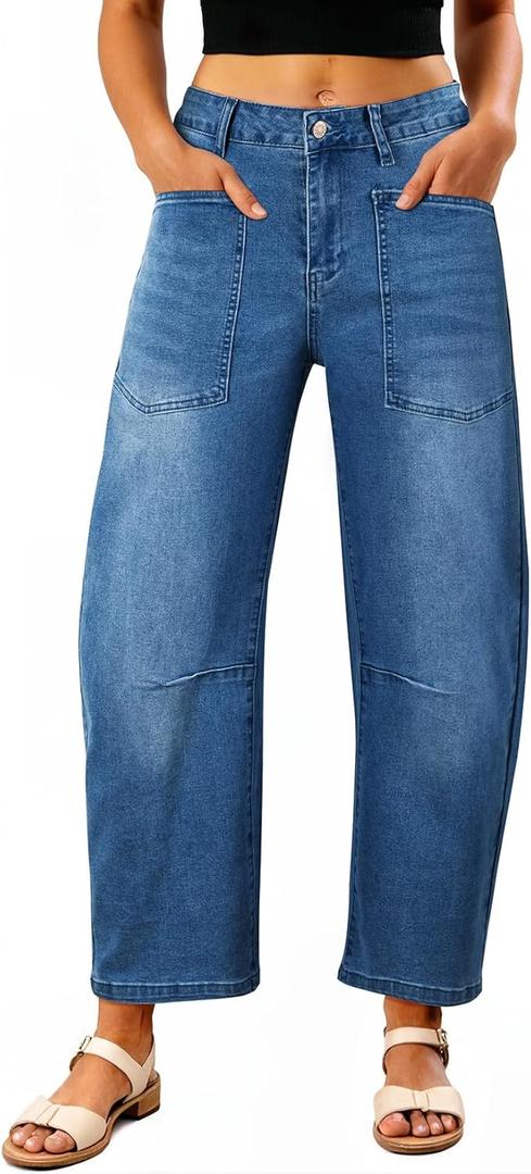 EVALESS Womens Baggy Barrel Jeans High Waisted Wide Leg Boyfriend Denim Ankle Pants (14, Navy Blue)