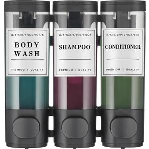 Shampoo and Conditioner Dispenser Shower Dispenser Body Wash Wall Mounted Shampoo Dispenser for Shower Wall No Drill for Bathroom Hotel 3 Chamber x 300ml Black with Waterproof Labels