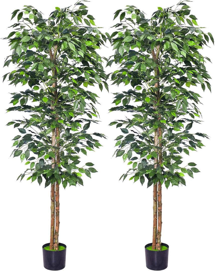 HAIHONG 2Packs 6FT Artificial Ficus Trees with Realistic Leaves and Natural Trunk, Faux Ficus Tree with Sturdy Plastic Nursery Pot, Fake Ficus Tree for Office Home Farmhouse for Indoor Outdoor Decor