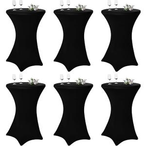 Pesonlook 6 Pack Cocktail Table Covers, 32"x43" Black Fitted Spandex Stretch Tablecloth with Square Corners, High Top Round Cocktail Tablecloth for Bar Wedding Party Banquet Round Table(Black)