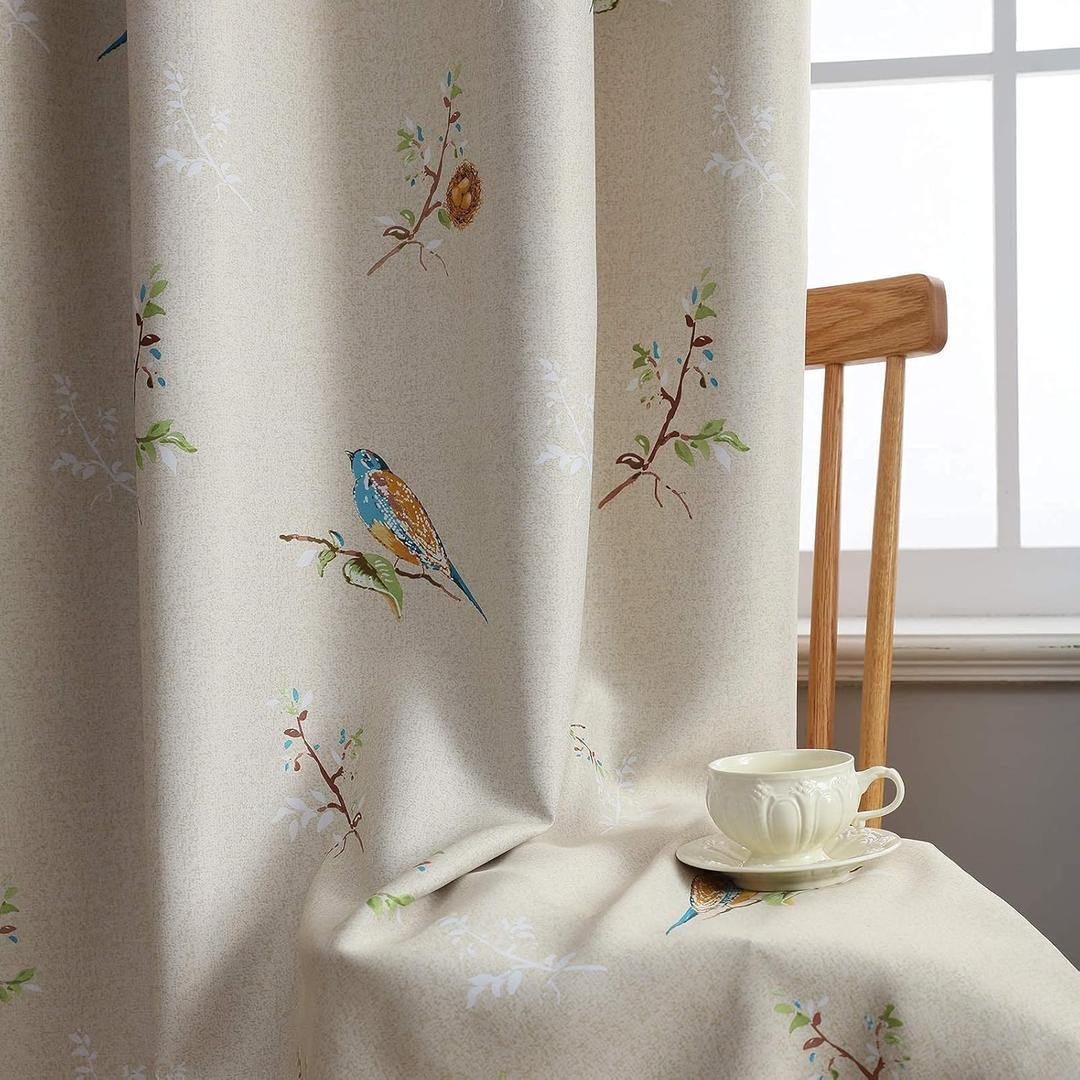 SUOUO Birds Blackout Curtains for Bedroom 84 inches Long Farmhouse Patterned Floral Window Drapes for Living Room 2 Panels Khaki (Khaki/Back Blue)