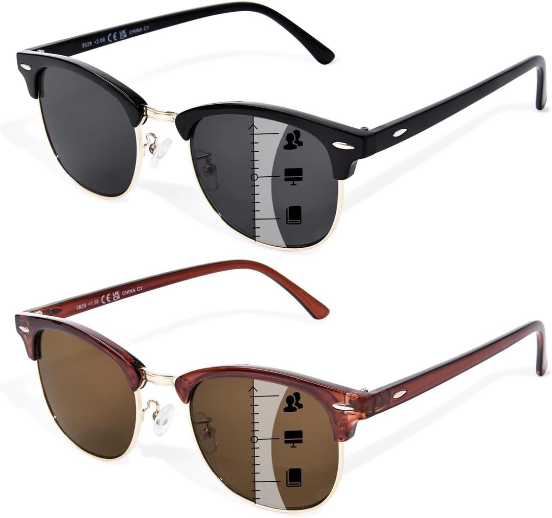OPTOFENDY Progressive Reading Sunglasses for Women Men No Line Multifocus Sun Readers Outdoor Reading Sunglasses (Black+brown)