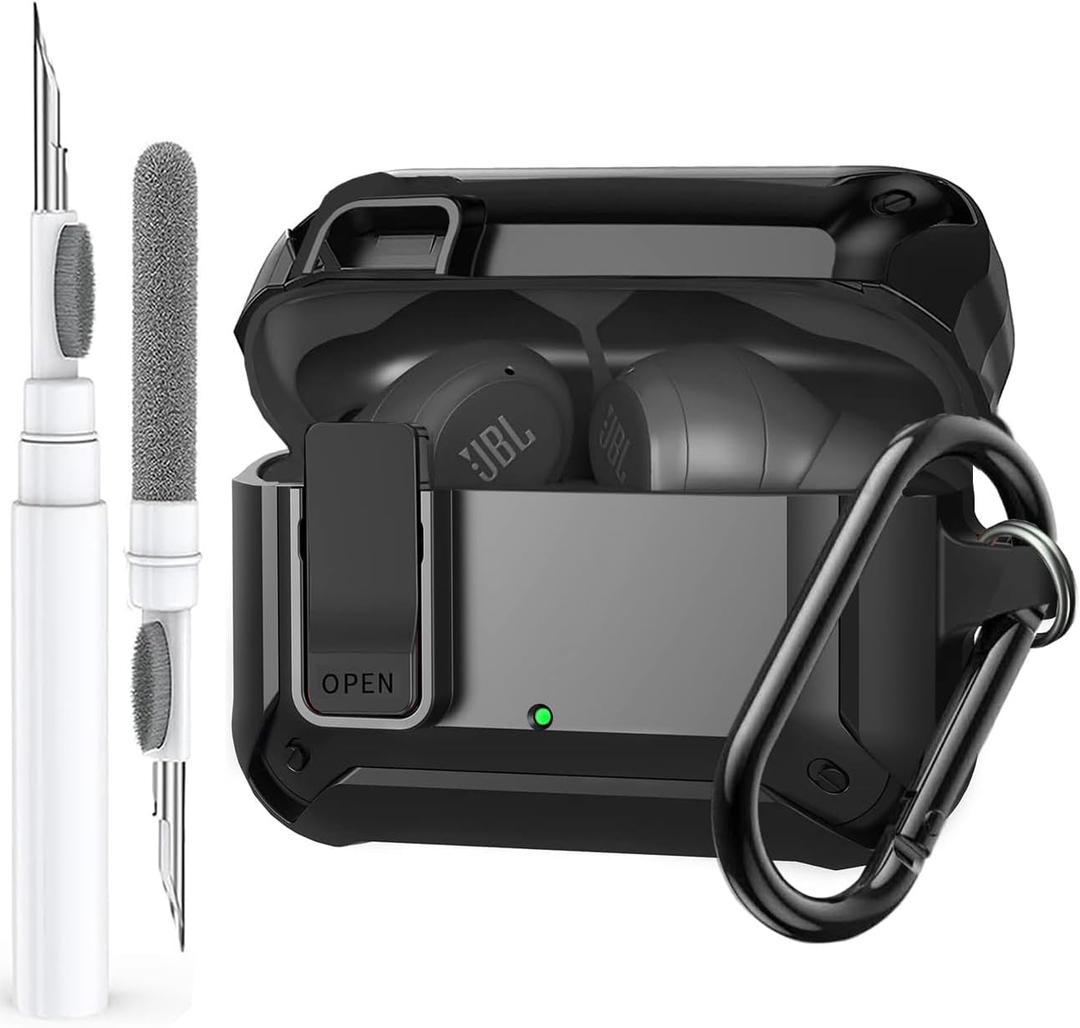 Compatible with JBL Vibe Beam/Beam 2 Case Cover Lock Clip with Cleaner Kit,Cool Protective JBL Vibe 200TWS Cover Men Women with Carabiner for JBL Vibe Beam 2 Charging Case - Black