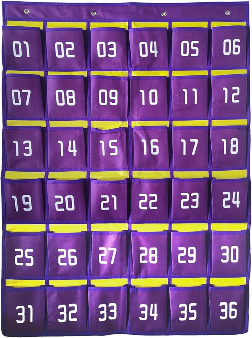 Numbered Cell Phone Pocket Charts for Classroom,Over the Door Hanging Calculator Holder Organizer 36 Pockets with Hooks for Teachers Purple