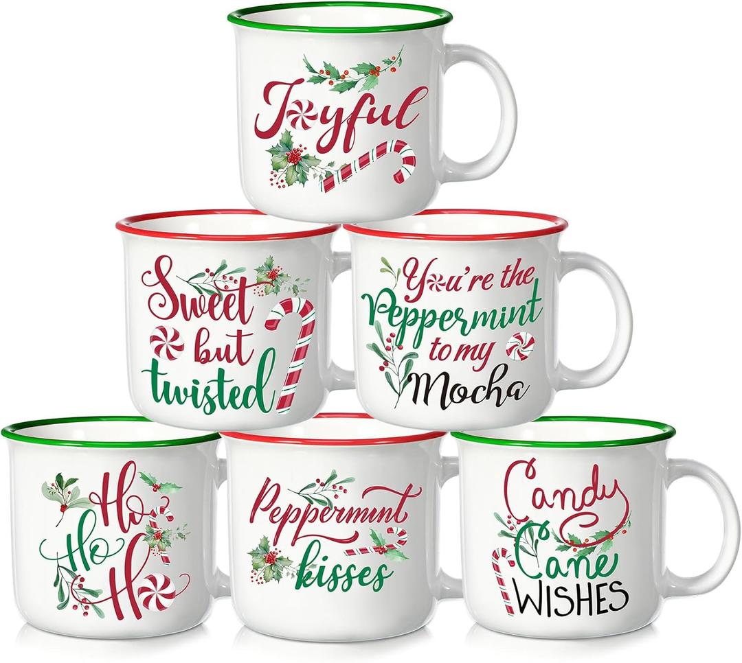 Pickmesh Christmas Coffee Mug Set of 6, 14Oz Christmas Ceramic Mugs With Handle Novelty Red Green Cups Enamel Xmas Mugs for Winter Xmas Gift Party Supplies