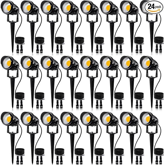 SUNVIE 24 Pack Low Voltage Landscape Lights LED 12W Landscape Lighting with connectors AC/DC 12V-24V Outdoor Spotlight IP65 Waterproof Tree Flag Lights Warm White Spotlights for Yard Garden Pathway