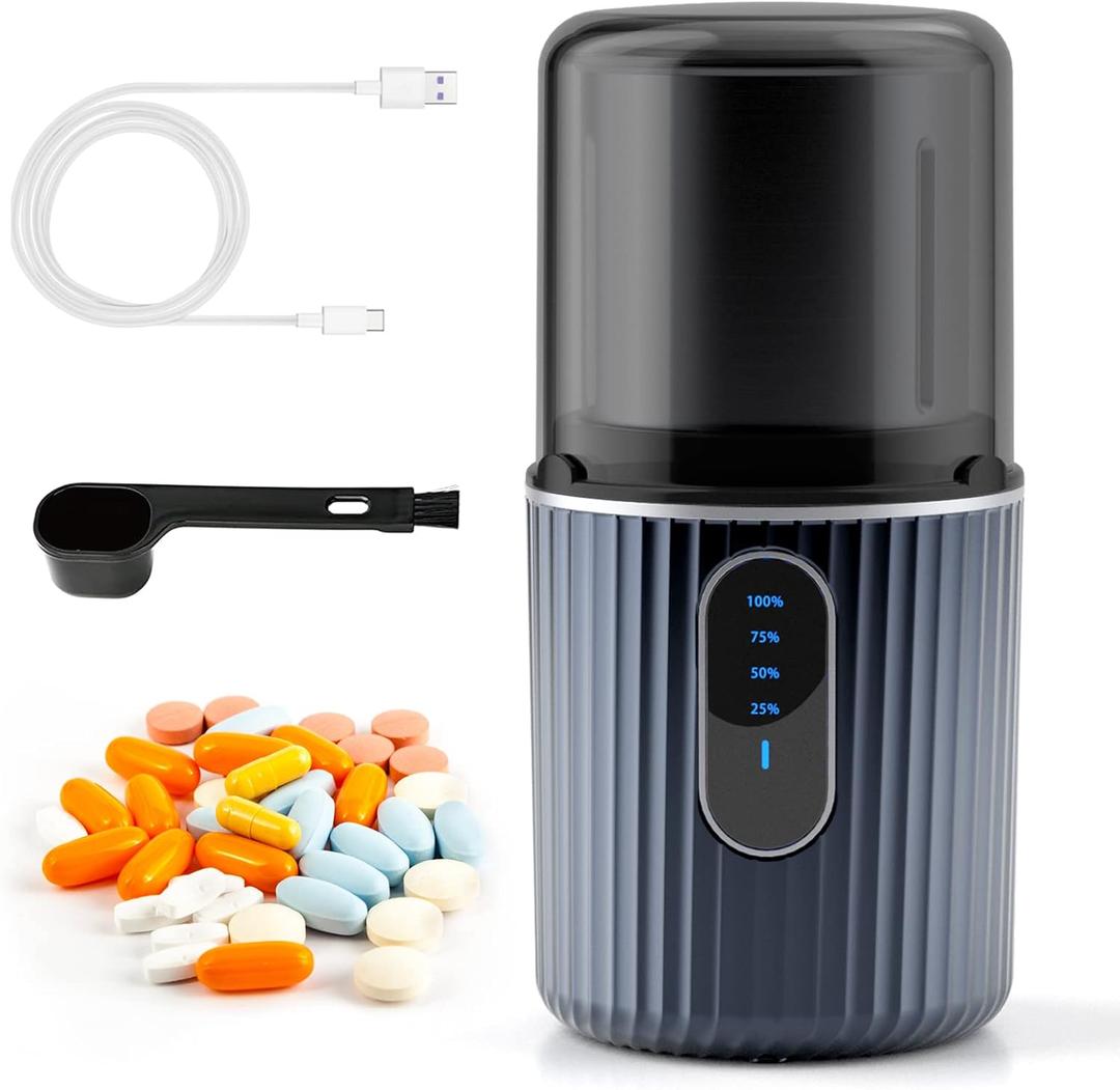 Cordless Electric Pill Crusher Grinder Pulverizer - Grind and Pulverize Multiple Pills, Small and Large Medication and Vitamin Tablets to Fine Powder - Removable Grinding Cup for Easy Cleaning (Navy Blue)