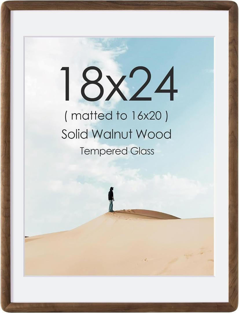 18x24 Solid Walnut Wood Picture Frame, 18 x 24 Picture Frame With Mat For 16x20, 18x24 Poster Frames for Wall, Wooden Photo Frame with HD Tempered Glass,Vertical & Horizontal Wall Hanging Display, 18"24"-1p