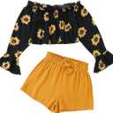 SOLY HUX Girl's 2 Piece Outfit Summer Boho Floral Print Long Sleeve Top and Shorts Set Cute Clothes for Girls, 6-7Y