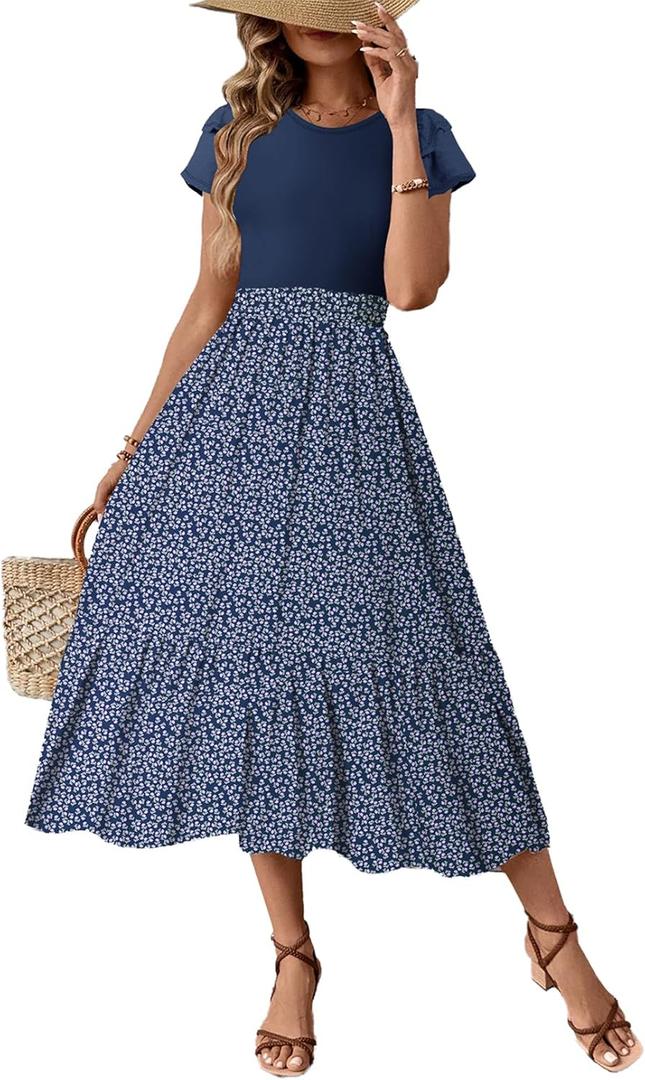 Dokotoo Women's 2026 Summer Dress Short Sleeve Crew Neck Casual Floral Print Long Flowy Dresses Maxi Dresses (Medium, Blue)