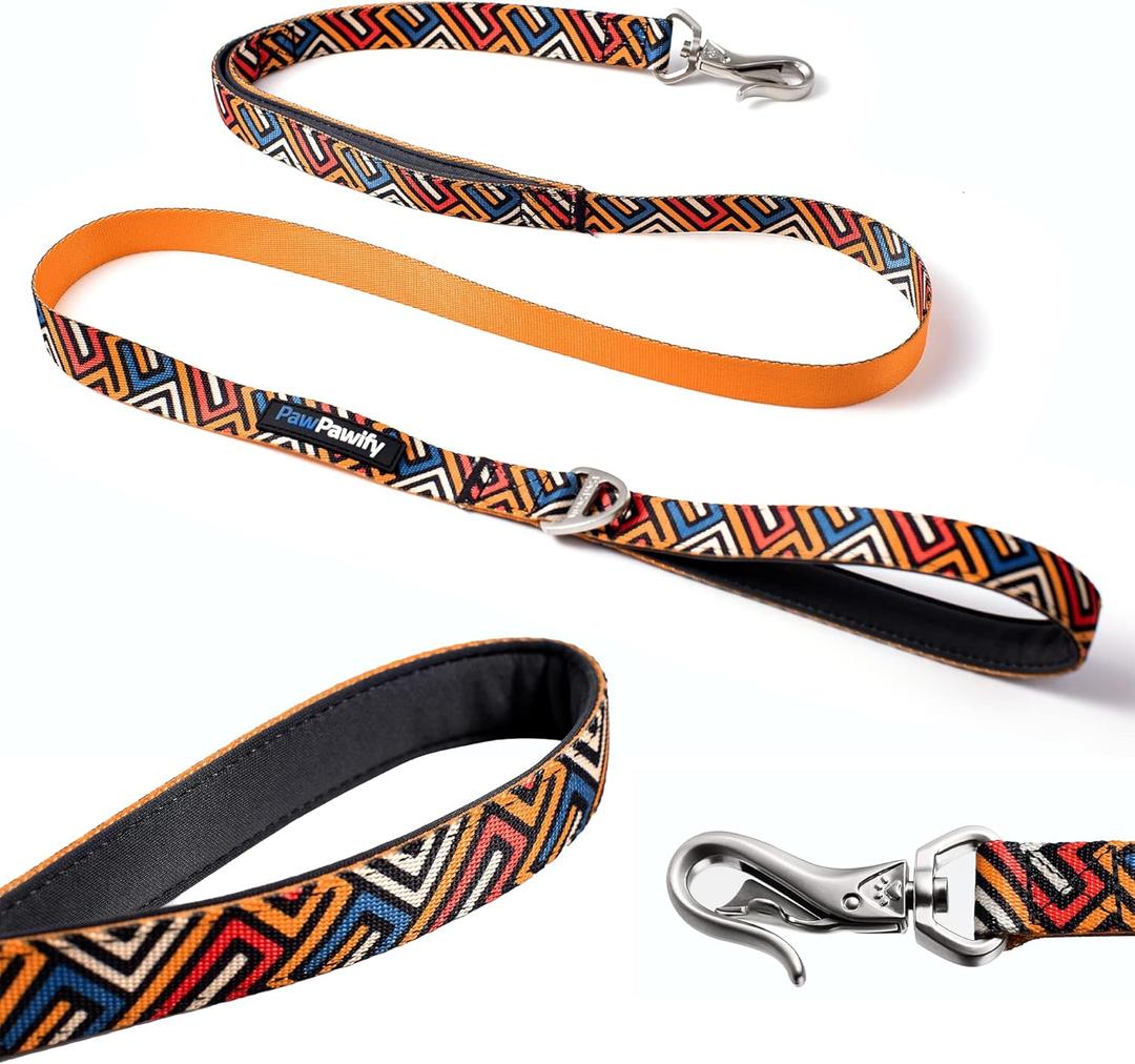 PawPawify Heavy Duty Long Nylon Dog Leash with Two Padded Handles [5 ft] - Automatic Lock Collar Clasp and Comfortable Traffic Control Handle - Patterned Pet Lead for Breeds