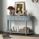 Vintage Console Table with Storage, Wooden Entry Table with 2 Drawers, Open Shelf, Solid Wood Legs, Retro, Classic Long Narrow Sofa Table for Entryway, Living Room, Hallway, Blue