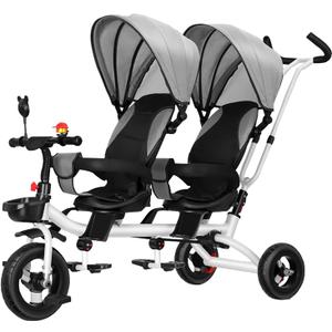 Baby Twin Kids Tricycle,360Swivel Seat,Adjustable Carport and Seat Backrest,Can Be Turned to Push The Guardrail Parasol Convertible Stroller,Gray