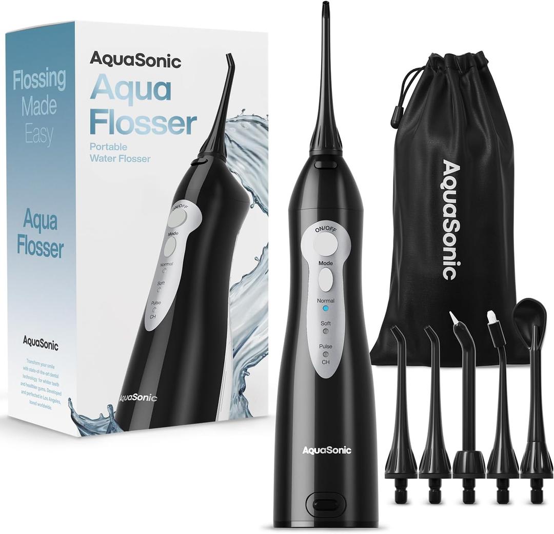 AquaSonic Aqua Flosser - Cordless Rechargeable Water Flosser for Teeth - Waterproof, Portable Oral Irrigator for Dental Cleaning with 5 Jet Tips  Braces Home Travel (Black)
