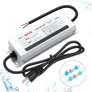 12 Volt LED Driver 150 Watts Waterproof IP68 Power Supply Low Voltage Transformer Adapter 90-265V AC to 12V DC 12.5A Converter for LED Strip, Indoor Outdoor Lighting Built-in Active PFC Function