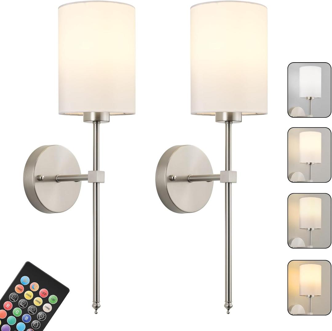 Battery Operated Wall Sconces Set of Two,Wireless Rechargeable Wall Light With Remote Control, Dimmable, Amber Light/Warm White/Natural White/Daylight/RGB,Timer,for Living Room,Bedroom,Entryway,Nickel