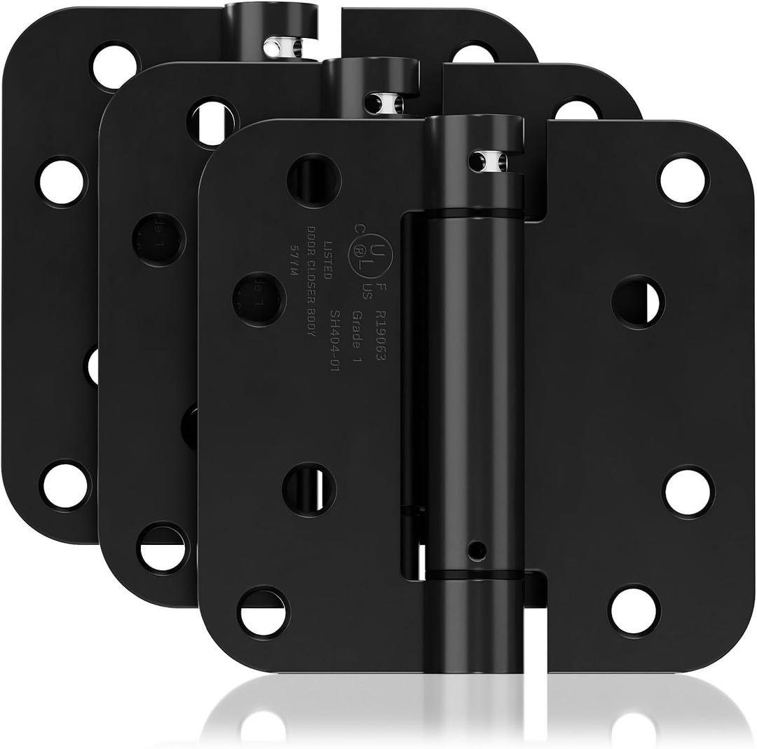 3 Pack Self Closing Door Hinges, 4 Inch Spring Loaded Door Hinges for Garage, Front, Back Door, Left/Right Hand, Adjustable Tension, 5/8'' Radius Corners, UL Listed, Black
