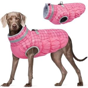 FUAMEY Dog Coat for Large Dogs,Waterproof Dog Winter Jacket with Harness Built in Puppy Cold Weather Coats Reflective Pet Vest with Zipper Warm Fleece Dogs Snowsuit Windproof Rose Plaid 2XL