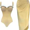 FLAXMAKER Black Double Shoulder Straps Chest Pearl One Piece Swimsuit and Skirt (Large)