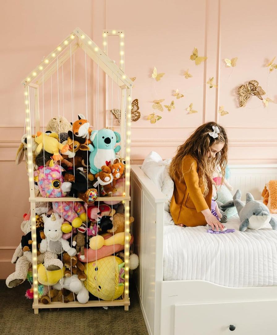 PUTSKA Extra Large Stuffed Animal Storage Zoo with LED Lights - Wooden Stuffed Animal Holder and Organizer, Stuffy & Plushies Storage, Space-Saving Plush Toy Holder for Nursery, Playroom or Kids Room