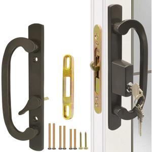 Patio Sliding Glass Door Handle Set with Mortise Lock 45 Keyway, Keyed Offset Position Zinc Diecast I/E Pull Handles, Fits 3-15/16" H.C., 1-3/8" to 2-1/4" Thick Doors, Non-Handed, Black