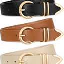 3 Pack Women's Belts for Jeans Dresses Fashion Ladies Skinny Leather Belt with Gold Buckle for Pants (Black+brown+beige)