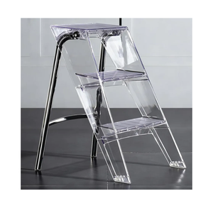 SHYM Transparent Acrylic 3-Step Ladder Step Stool, 150kg Capacity, Folding, Electroplated Silver Iron Frame, L44xW52xH63cm