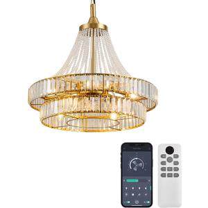 24“ Crystal Chandelier Ceiling Fan with Lights, (Luxury Gold) | Double-layer Chandelier, 6-Speed, Reversible DC Motor, 8-Lights, E12 Base, Modern Style for Bedroom, Living Room