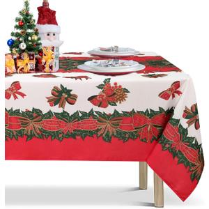 LUSHVIDA Christmas Tablecloth Rectangle - 60x120 inch Holly Ribbon Pattern Washable Wrinkle Resistant Holiday Tablecloths for Christmas Family Gathering, Dining Room Table 130GSM