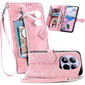 Zipper Wallet Case for Xiaomi Redmi Note 15 Pro 5G with 7 Card Slots, Women Retro Embossed Flower Flip PU Leather Cover with Kickstand & Wrist Strap Lanyard for Redmi Note 15 Pro 5G SZY Pink